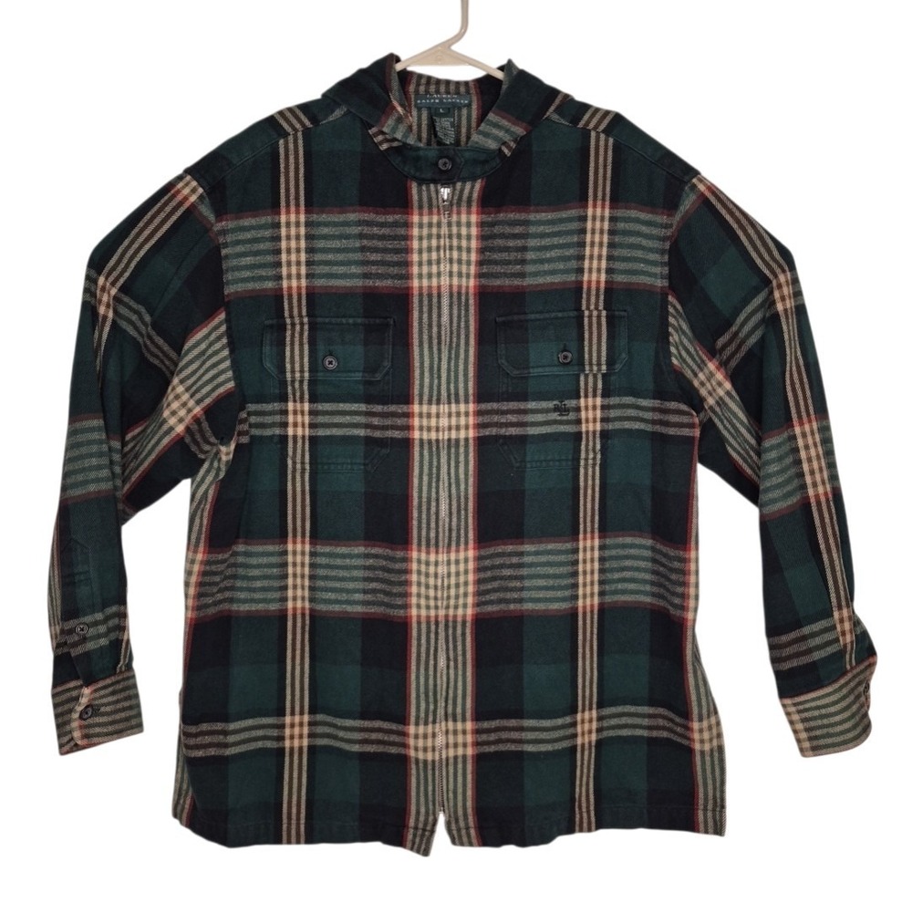 Lauren Ralph Lauren Flannel Shacket Womens Large Green Plaid Hood Full Zip Work - Picture 2 of 8